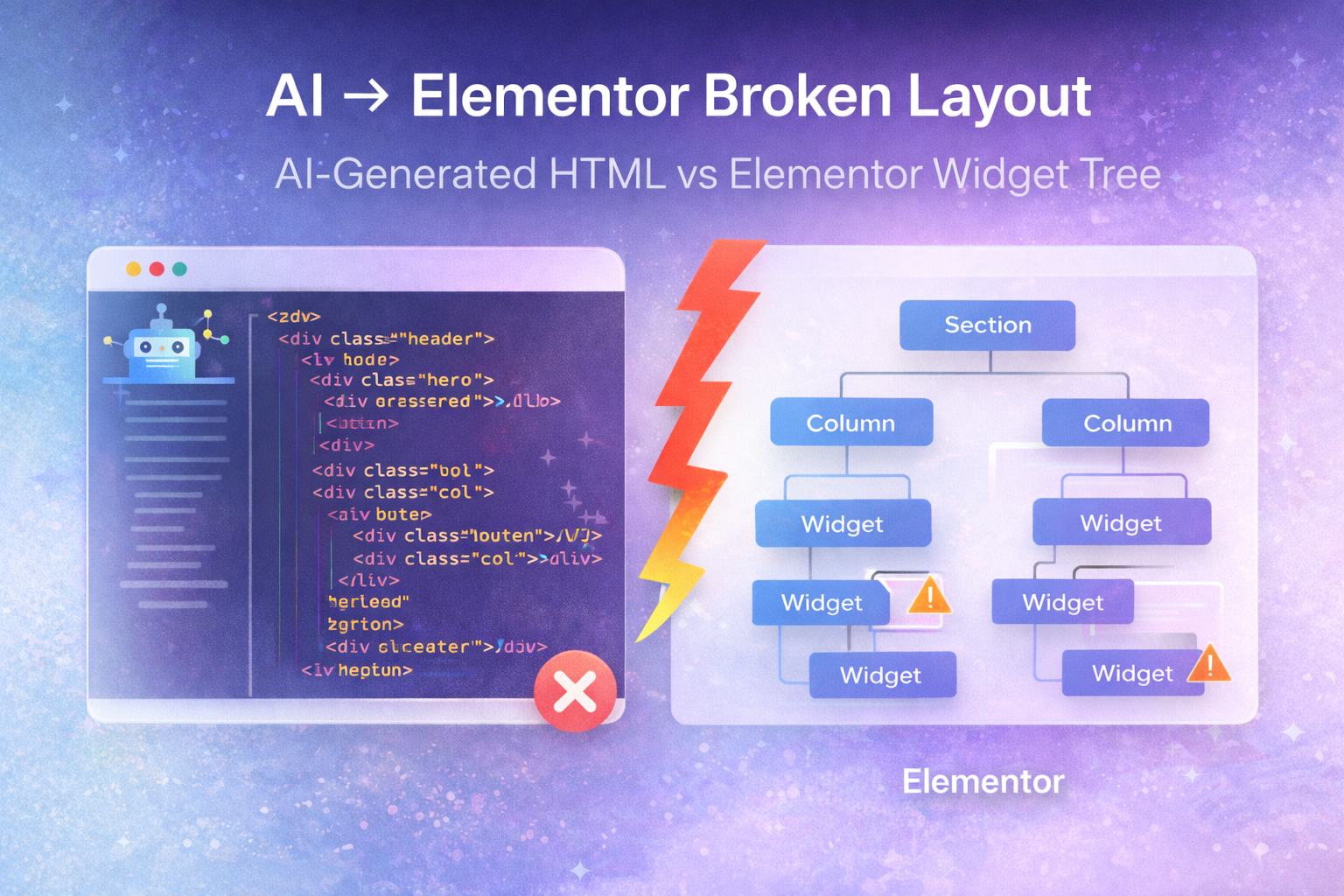 AI to Elementor broken layout: structural mismatch between HTML and Elementor widget tree