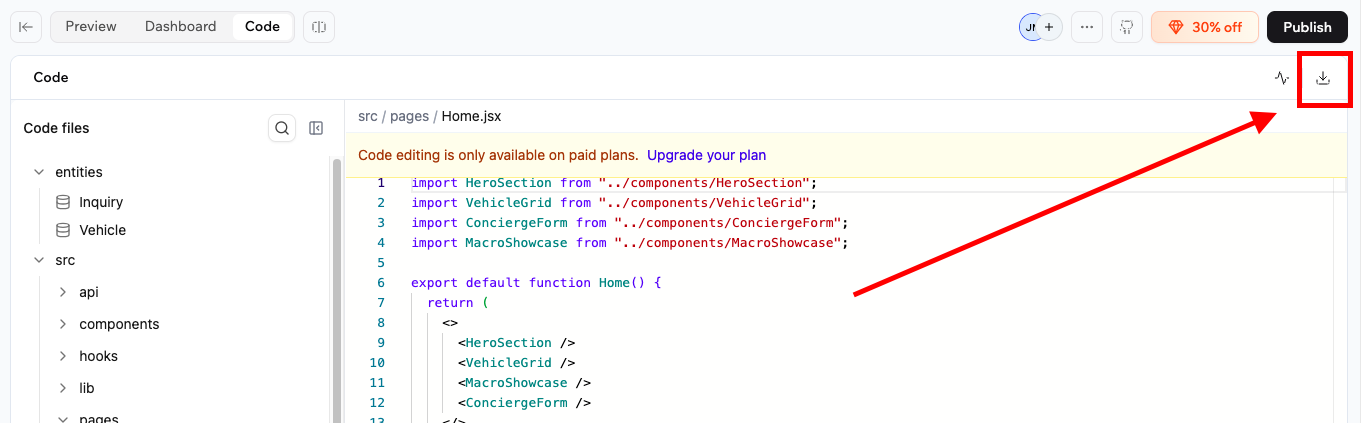 Export Base44 project as ZIP