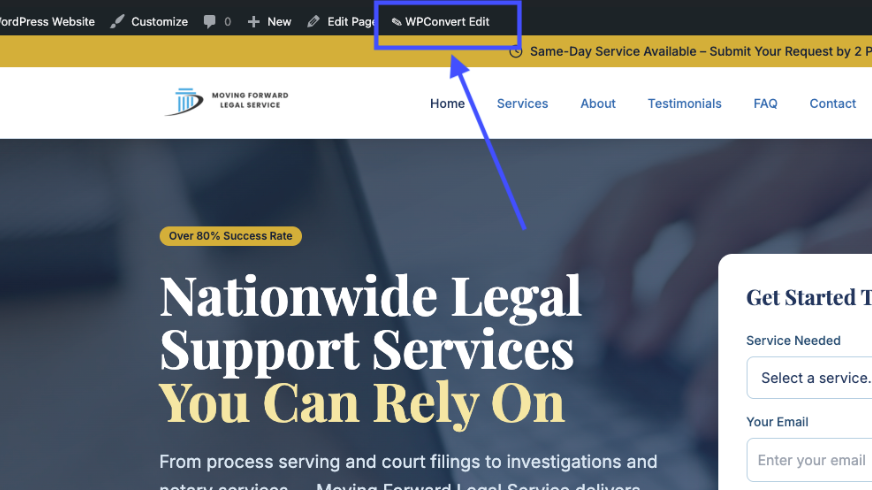 WPConvert Edit Content button in the WordPress admin bar on a converted theme