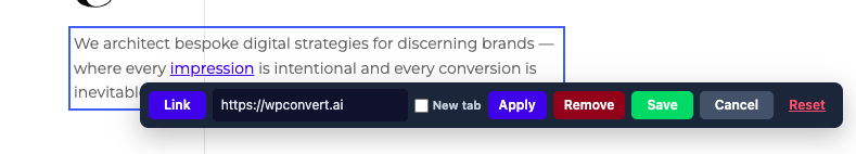 Highlight a word in the WPConvert Editor and turn it into a blue underlined hyperlink