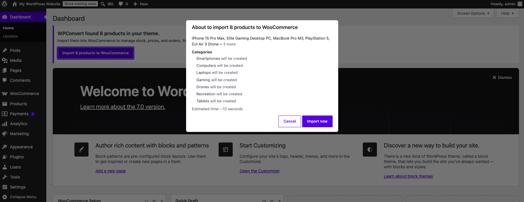 WooCommerce import preview in WordPress admin before importing AI-detected products