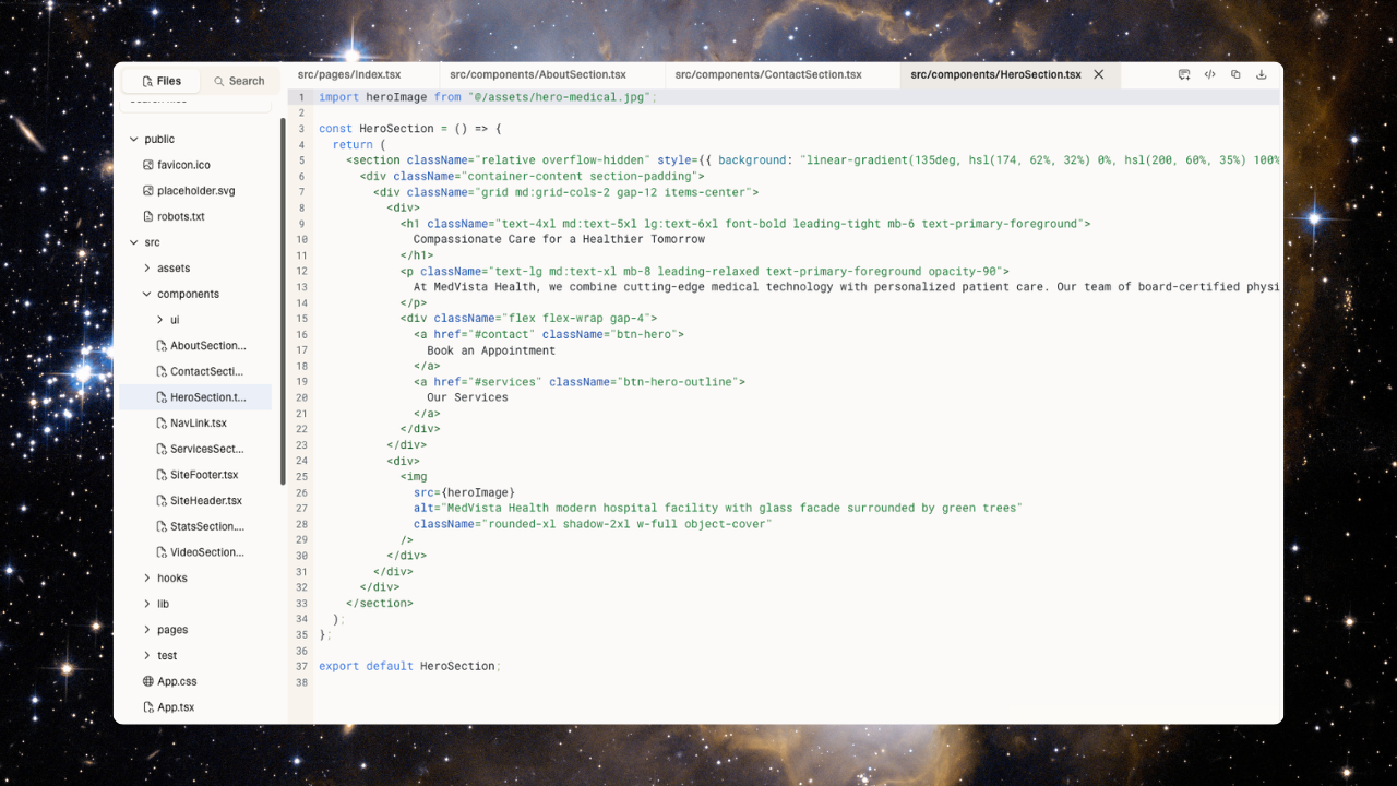 IDE screenshot of component code showing nested divs and utility classes (grid, gap, responsive breakpoints) typical of AI-generated sites