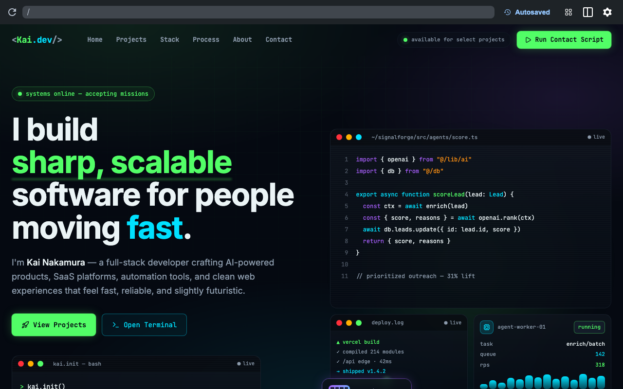 Kai Dev OS Cursor developer portfolio in WordPress Playground with terminal hero and project grid after conversion