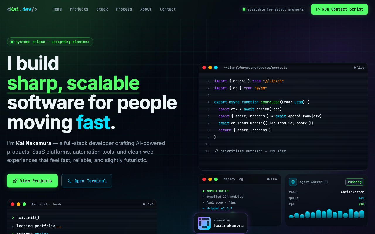 Kai Dev OS developer portfolio running locally from a Cursor TanStack Start export before WordPress conversion