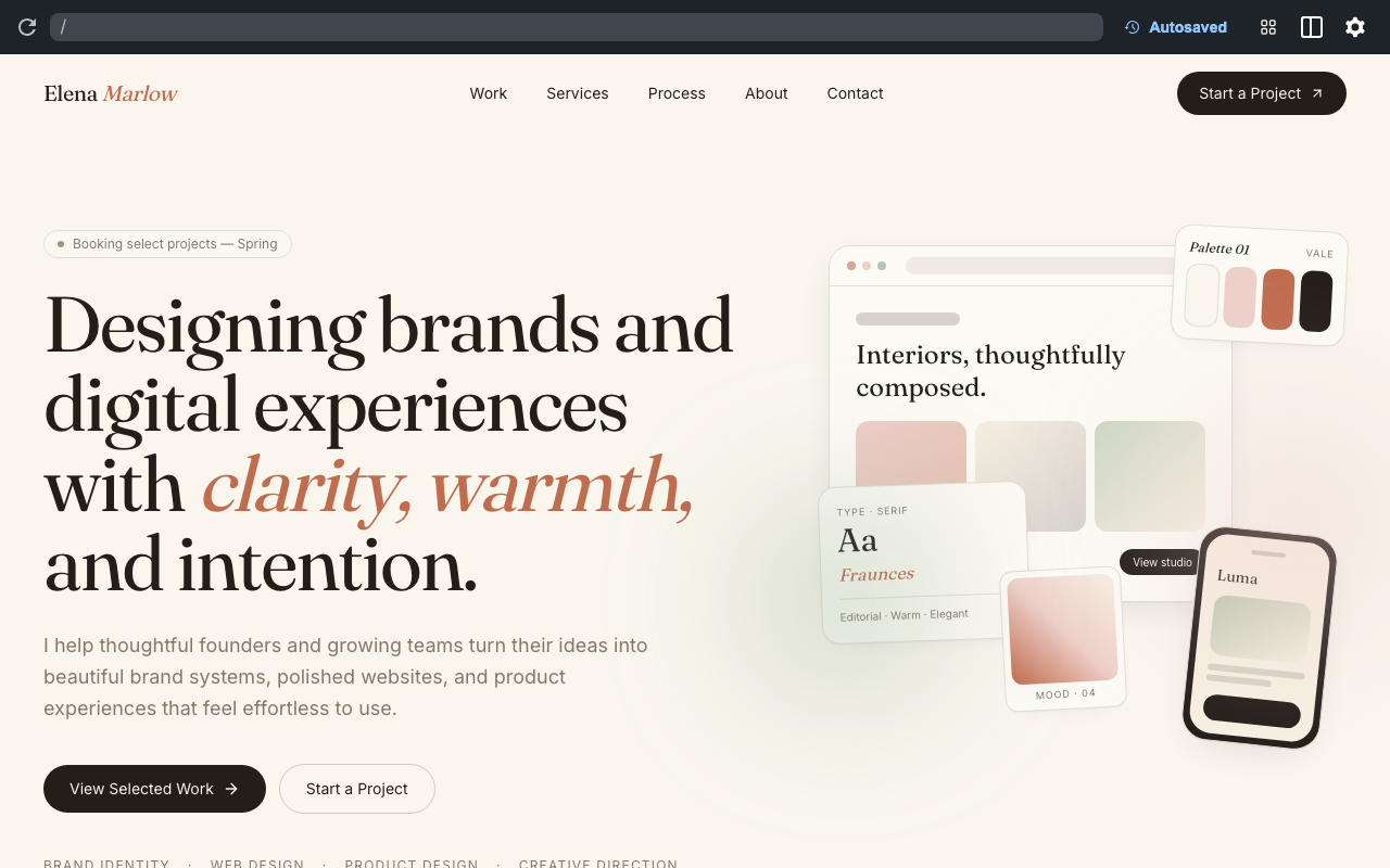 Elena Marlow Studio designer portfolio in WordPress Playground with work grid and editorial hero after conversion