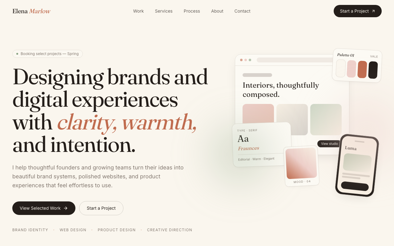Elena Marlow Studio designer portfolio running locally from a Framer-style export before WordPress conversion