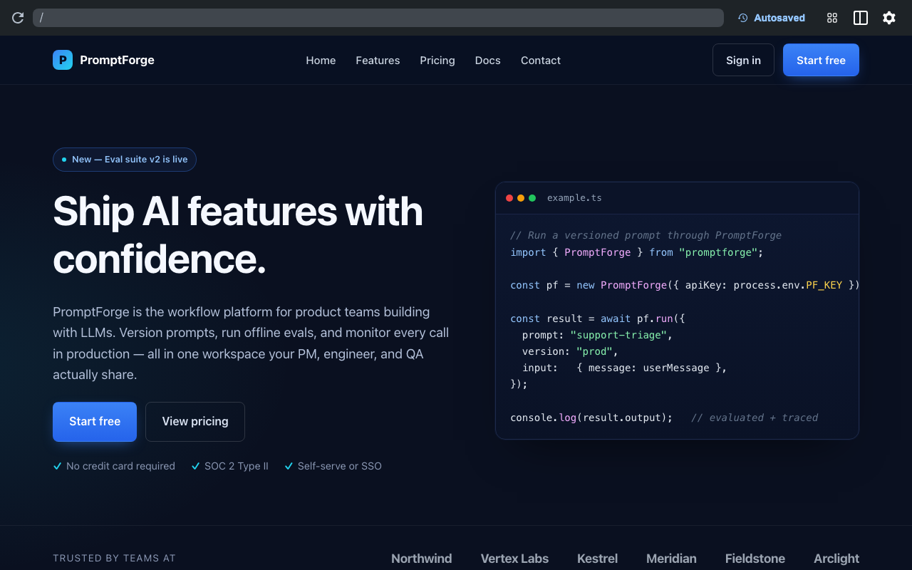 PromptForge Google AI Studio marketing homepage in WordPress Playground with code snippet hero and dual CTAs after conversion