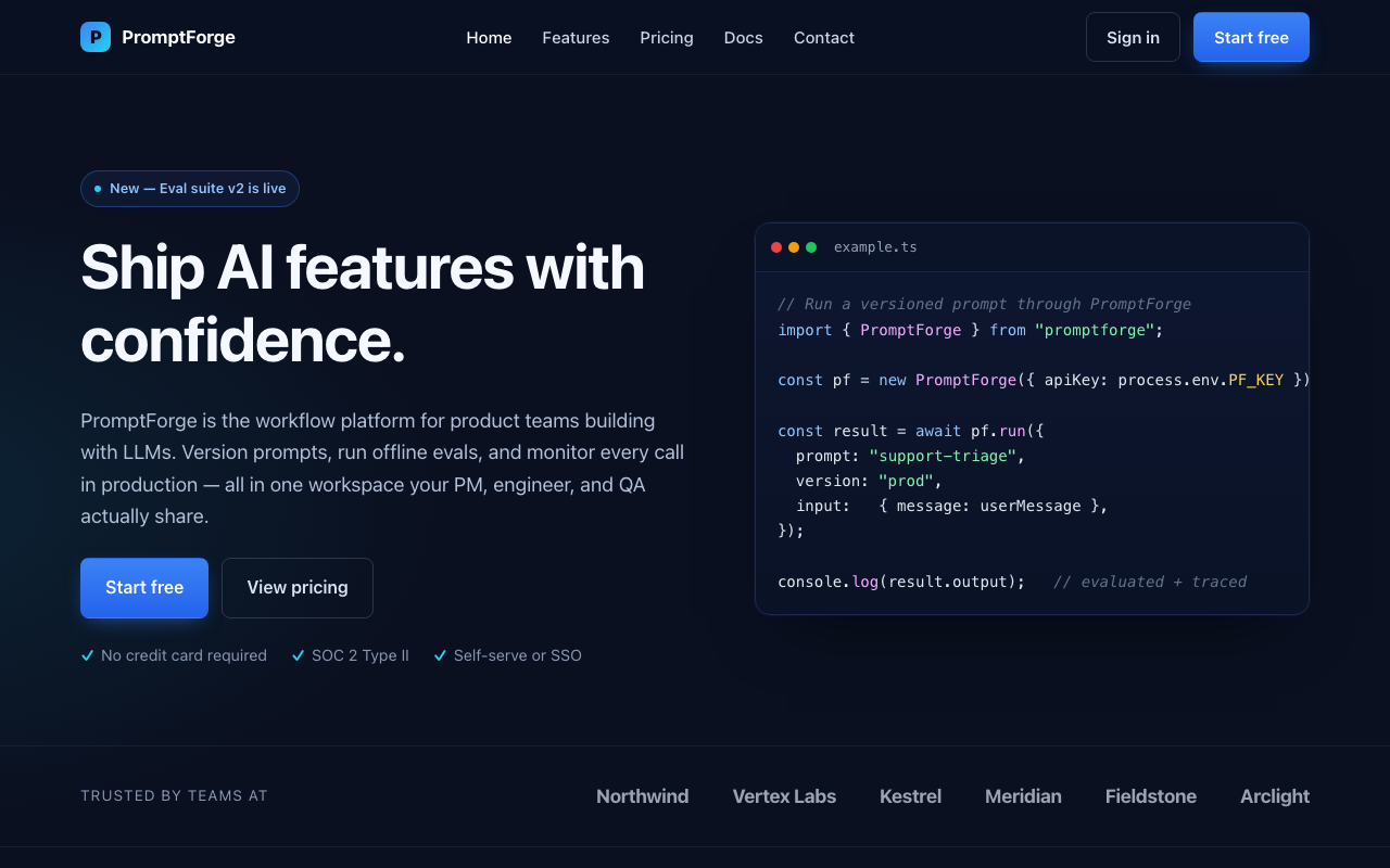 PromptForge marketing homepage served from a Google AI Studio static HTML export before WordPress conversion