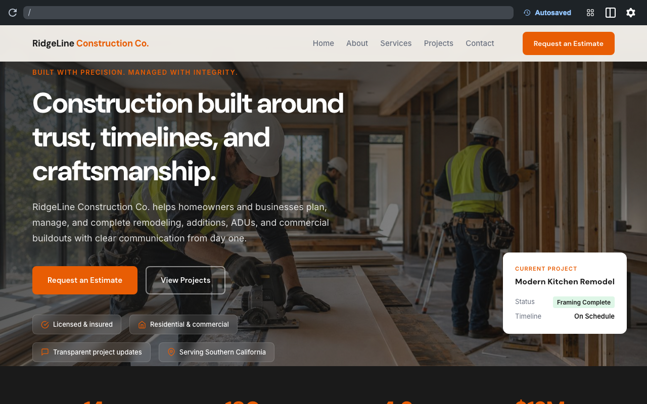 RidgeLine Construction Co. business homepage in WordPress Playground with construction hero and estimate CTA after conversion