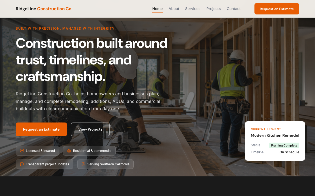 RidgeLine Construction Co. business homepage served from a static HTML export before WordPress conversion